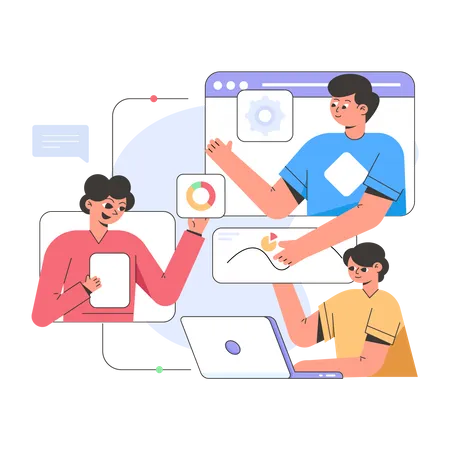 Team diskutiert in Online-Meeting  Illustration