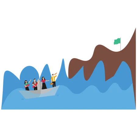 Team guiding paper boat through turbulent waters, symbolizing crisis management  Illustration