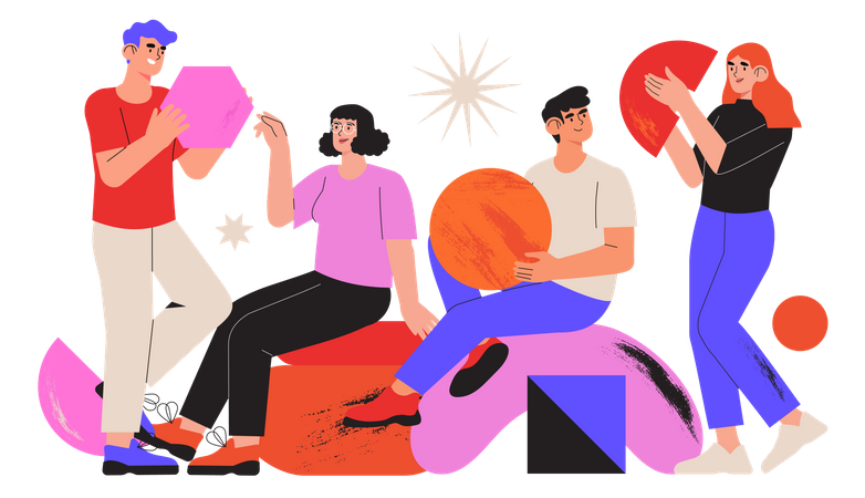 Team holding abstract geometric shapes Illustration