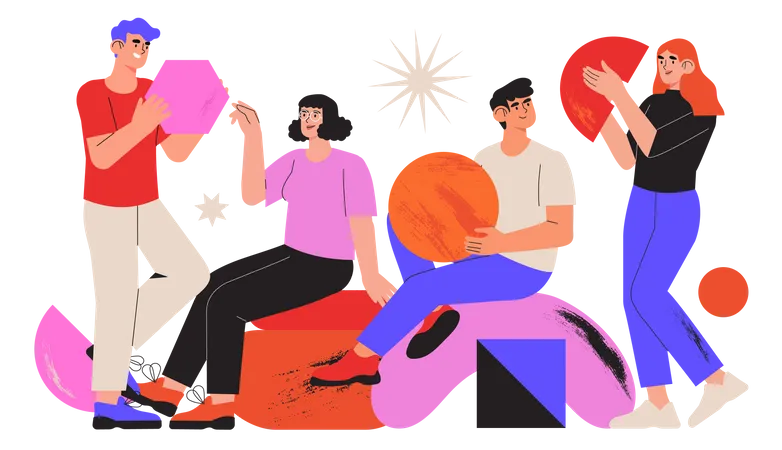 Team holding abstract geometric shapes Illustration