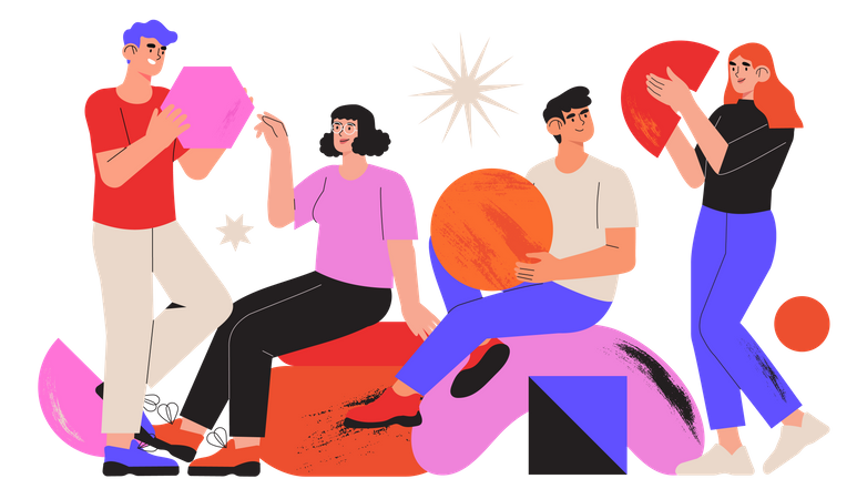 Team holding abstract geometric shapes  Illustration