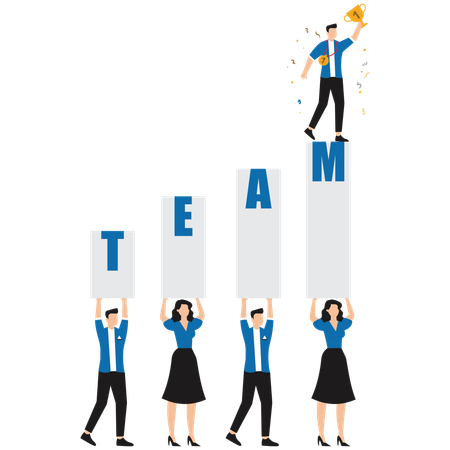 Team holding up trophy, representing achieving business success  Illustration