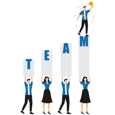 Team holding up trophy, representing achieving business success  Illustration