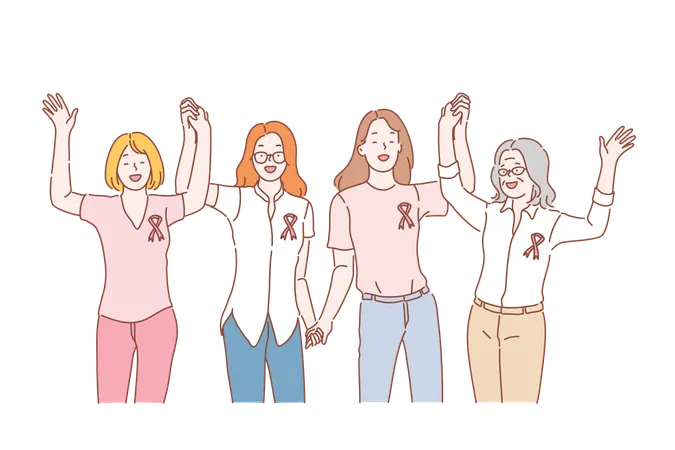 Health Breast Cancer Awareness Ribbon Concept Young And Old Women And Girls Smiling With Pink Ribbons On Their Chests Join Hands To Celebrate World Disease Day On October 15 Volunteering Supporting Womans Illness Simple Flat Vector 일러스트레이션