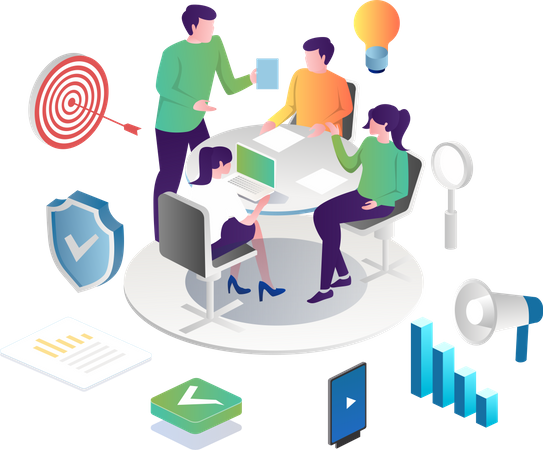 Team is in a meeting to improve marketing strategy  Illustration