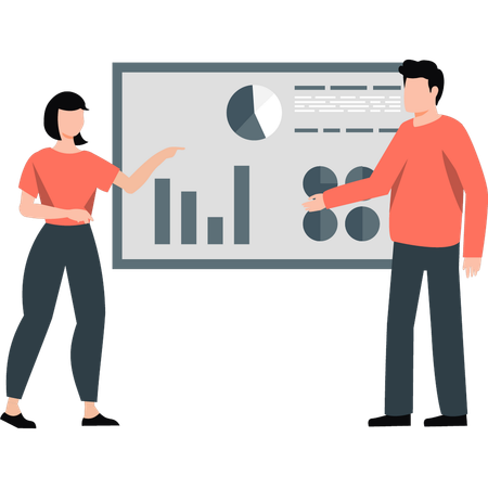 Team is reviewing company performance on bar chart  Illustration