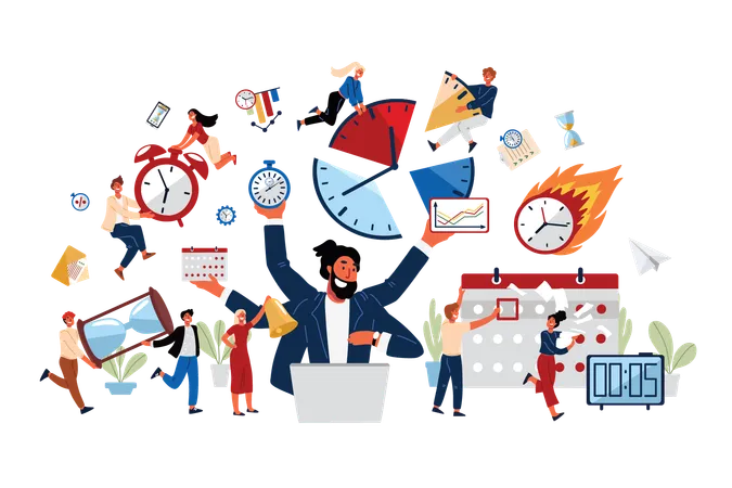 Business Concept Of Time Management Productivity Organize People Work Together At Office Cartoon Flat Design Isolated Vector Illustration Illustration