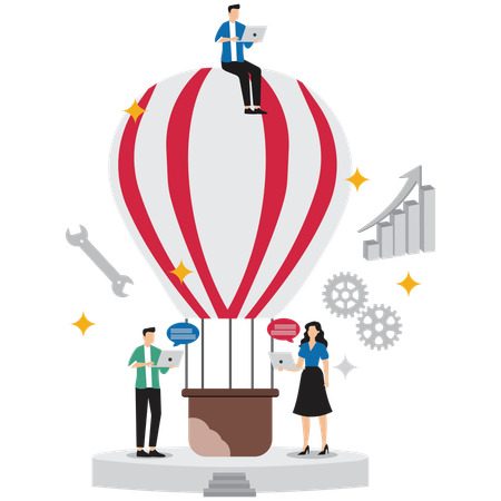 Team launching hot air balloon, representing business growth and expansion  Illustration