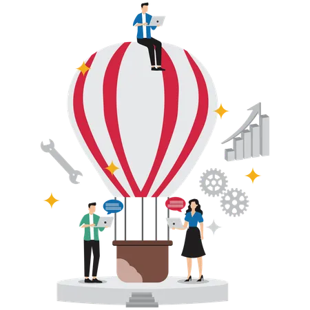 Team launching hot air balloon, representing business growth and expansion  Illustration