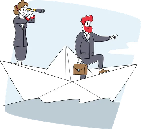 Business People Riding Ship On Sea Waves Businesspeople Team On Paper Boat Sailing Toward Profit Characters Floating With Spyglass Sail Team Work Leadership Concept Linear Vector Illustration Illustration