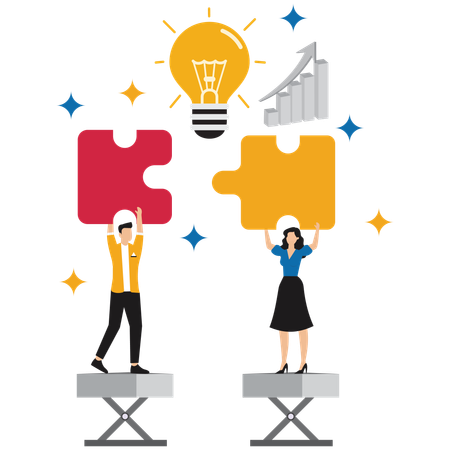 Team lifting giant puzzle piece to complete strategic business solution  Illustration