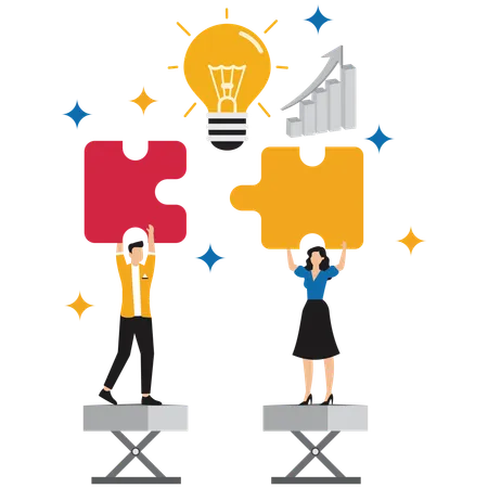 Team lifting giant puzzle piece to complete strategic business solution  Illustration