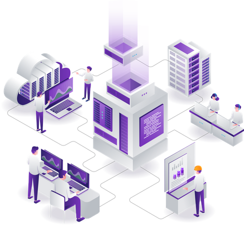 Team managing cloud server analytics  Illustration