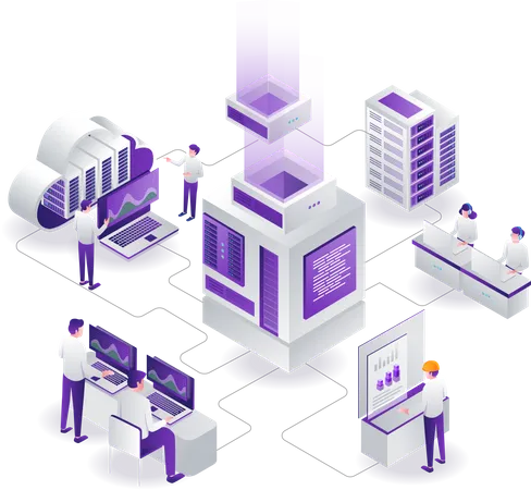 Team managing cloud server analytics  Illustration