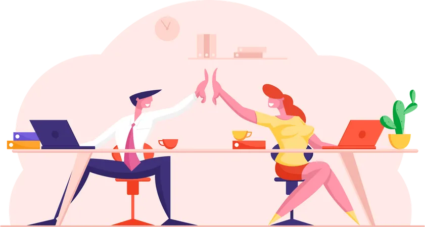 Colleagues Sitting At Desk Giving Highfive To Each Other After Successful Business Deal Or Contract Signing Office Team Triumph And Support Teamwork Employees Concept Cartoon Flat Vector Illustration Illustration
