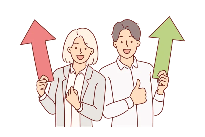 Successful Business Man And Woman Holding Up Arrows Showing Victory Gesture Rejoicing In Career Achievements Concept Of Successful Completion Of Project And Growth Of Capital Or Dividends Illustration