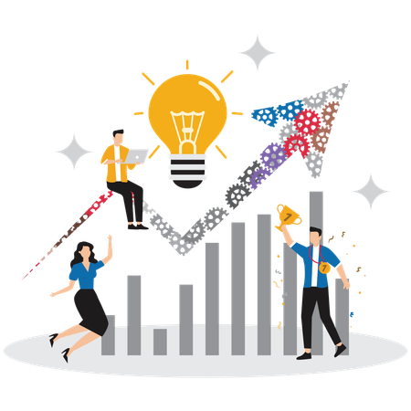 Team members guiding large arrow upwards to represent collective success and progress  Illustration