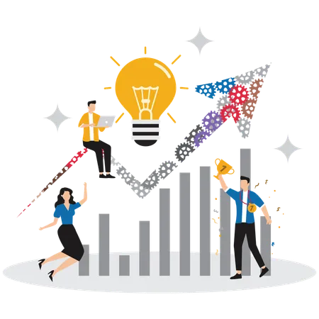 Team members guiding large arrow upwards to represent collective success and progress  Illustration