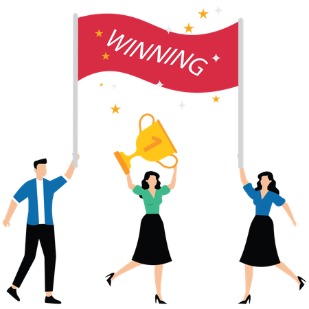 Team members jumping and cheering with flags in front of huge trophies  Illustration