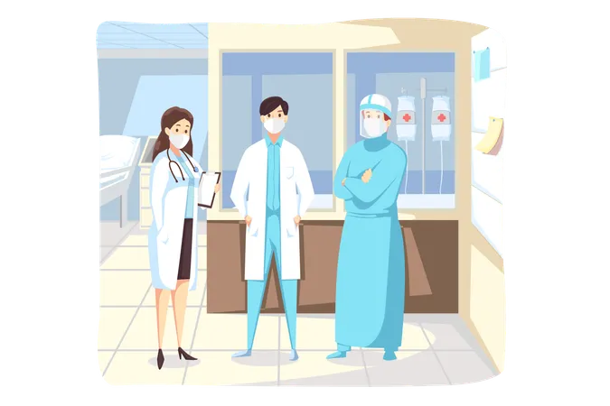 Medicine Protection Healthcare Coronavirus Concept Team Men Woman Doctors Nurses With Face Masks Stand Together In Hospital Health Safety Fighting Against Covid 19 Desease And 2019 Ncov Infection Illustration