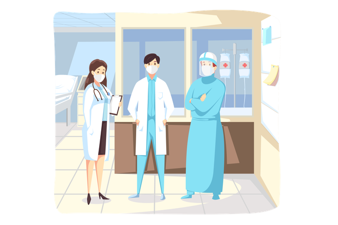 Team men woman doctors with face masks stand together in hospital  Illustration