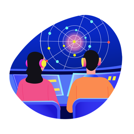 Team monitoring atomic collision  Illustration