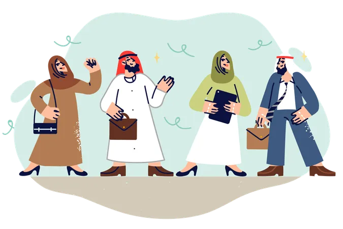 Team of arab business people in national clothes arrived for negotiations to discuss new contract  Illustration