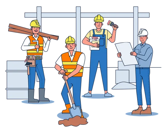Team Of Builders And Contractor Industrial Workers Standing Together In Job Site The Foreman Holds The Work Plan To Order The Workers To Construct According To The Plan Vector Flat Illustration イラスト