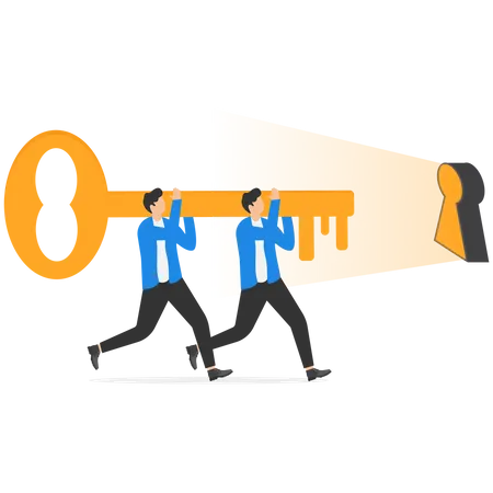 Team Of Business Holds And Pushes The Golden Key To Finding The Keyhole Of Success Coworker And Success Concept Illustration