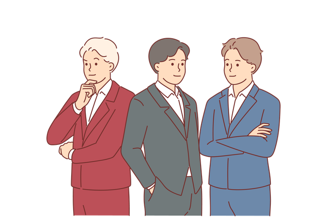 Team of business men in formal suits of different colors are thinking about company development plan  Illustration