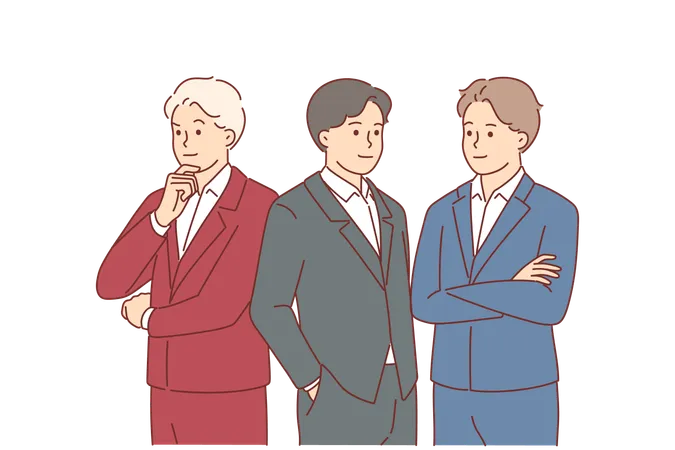 Team Of Business Men In Formal Suits Of Different Colors Are Thinking Together About Company Development Plan Teamwork Of Office Employees From Startup Developing Business Promotion Strategy Illustration