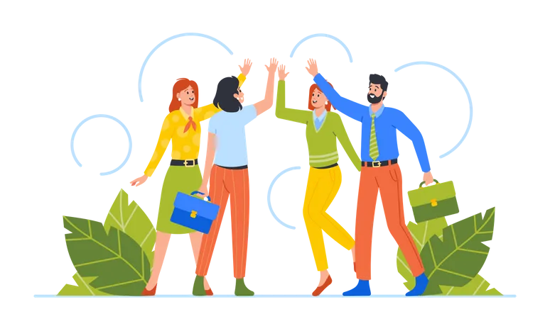 Unity And Support Between Colleagues Command Agreement Concept Team Of Business People Celebrate Success In Work Collaboration Together Giving High Five With Rejoice Vector Illustration Illustration
