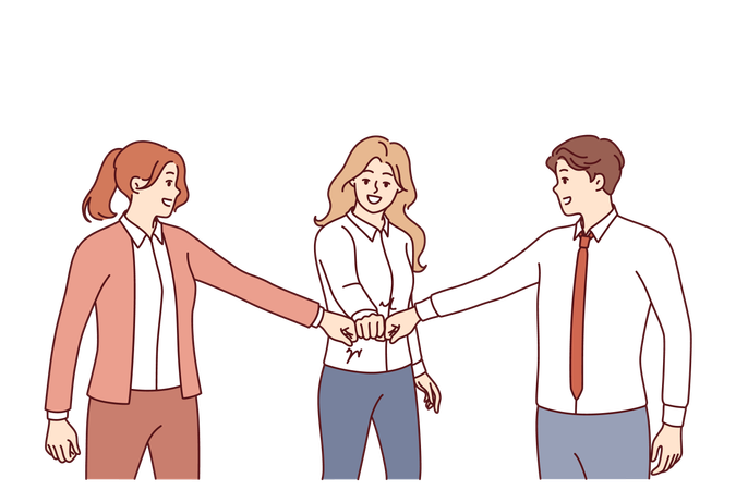 Team of business people extend arms forward touching fists and demonstrating unity  Illustration