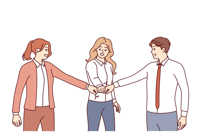 Team of business people extend arms forward touching fists and demonstrating unity  Illustration