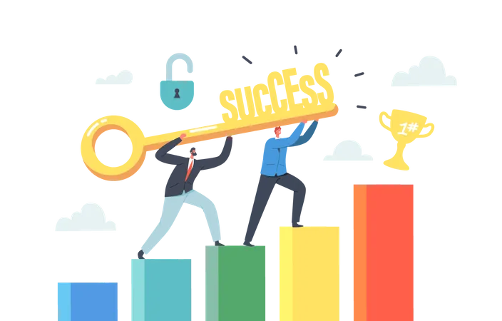 Business Characters Teamwork Team Of Businesspeople Holding Golden Key Climb To Financial Success With Trophy On Top Career Growth Cooperation Partnership Cartoon People Vector Illustration Illustration