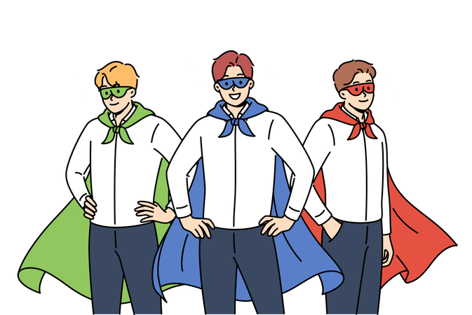 Team of business people in superhero masks and capes ready to provide consulting services  Illustration