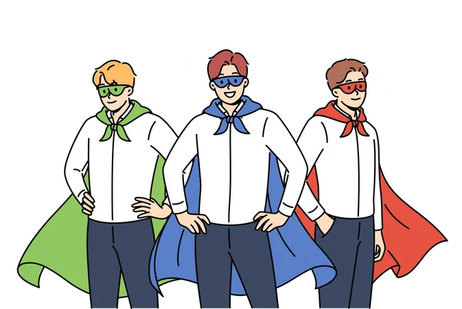Team Of Business People In Superhero Masks And Capes Are Ready To Provide Consulting Services For Corporations Team Of Cool Managers From Consulting Company Smile Standing In Confident Pose Illustration