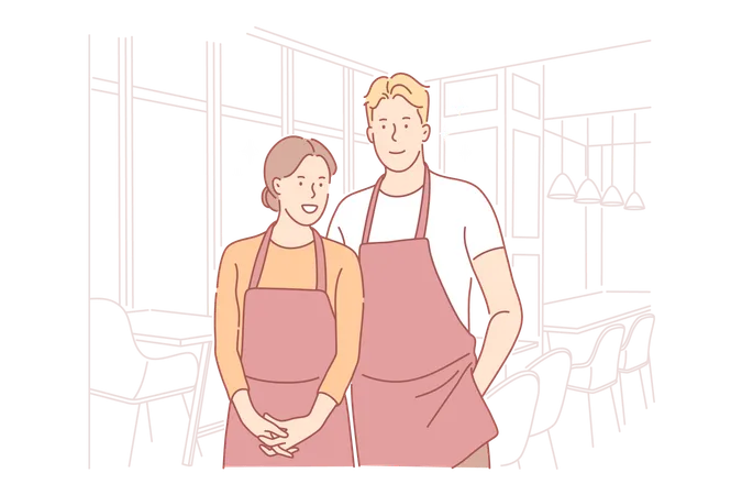 Catering Workers Concept Waiter And Waitress Wearing Uniform With Aprons Preparing Banquets Serving Food In Restaurant Cafe Cafeteria Profession Occupation Job Simple Flat Vector Illustration