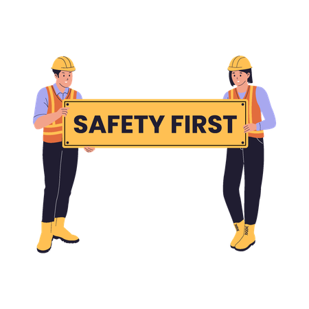 Team of Construction Workers Holding Safety First Banner  Illustration