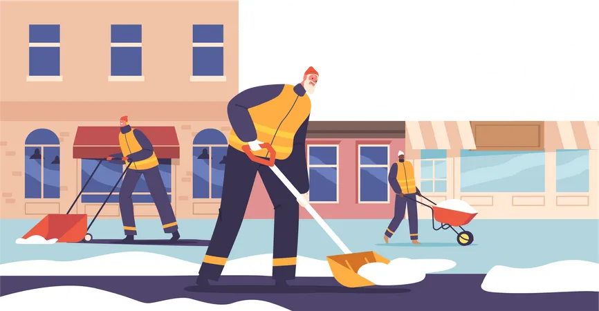 Team Of Dedicated Cleaner Characters In Action, Diligently Clearing Snow From City Streets  Illustration