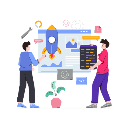 Team of developers launching website  일러스트레이션