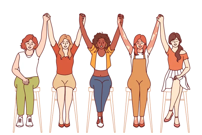 Team of diverse women raise hands together as sign of unity  Illustration