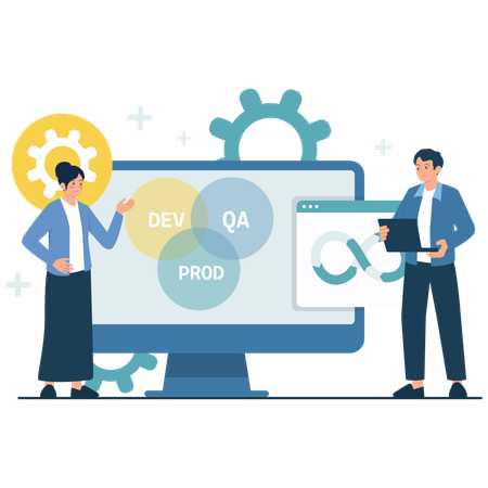 Team of employees discussing DevOps Lifecycle  Illustration
