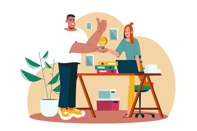 Great Teamwork Yellow Concept With People Scene In The Flat Cartoon Style A Illustration