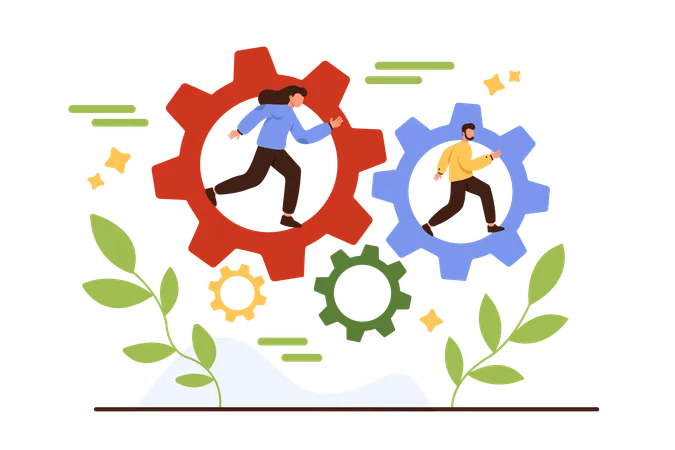 Work Mission Support And Motivation Of Strong Corporate Team Of Employees Man And Woman Running Inside Gears To Move Abstract Machine Of Teamwork And Cooperation Together Cartoon Vector Illustration Illustration