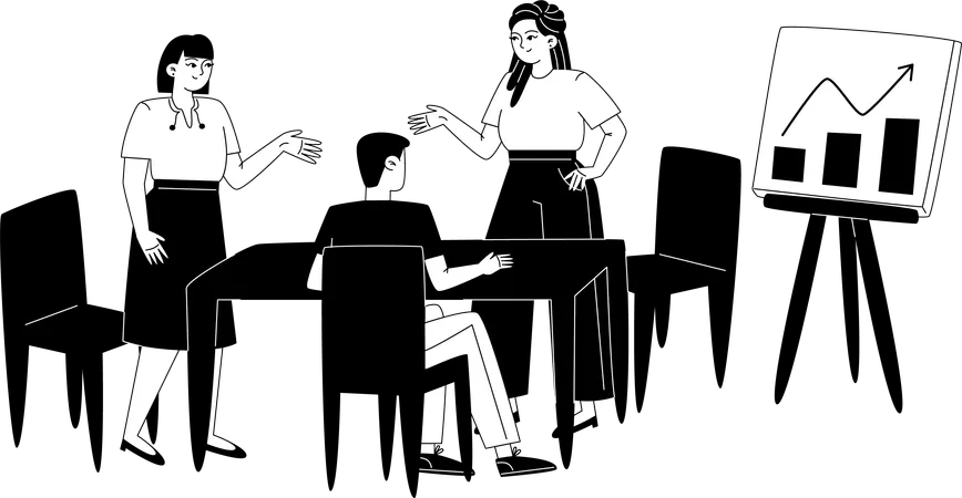 A Team Of Employees Sits At A Table And Discusses Work Issues Ideas And Makes Decisions Illustration