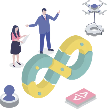 Team of employees working on Devops  Illustration