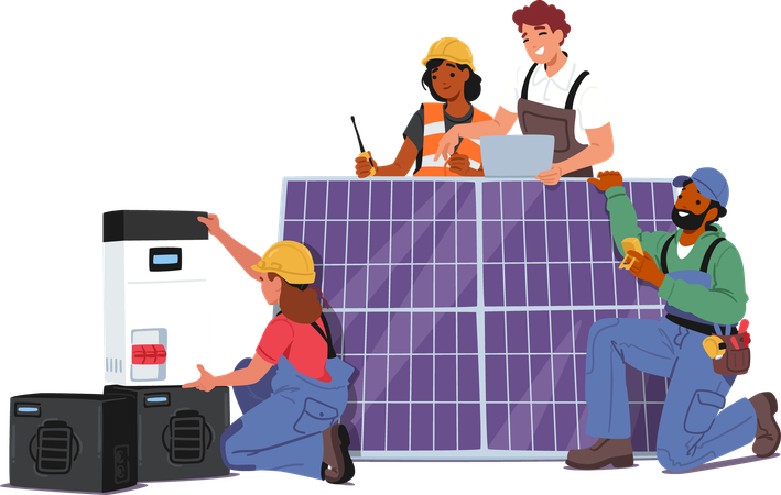 Team Of Engineers And Technicians Working Together To Install Solar Panels On Rooftop  Illustration