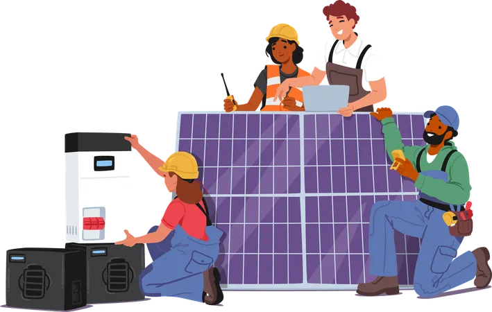 Team Of Engineers And Technicians Working Together To Install Solar Panels On Rooftop  Illustration