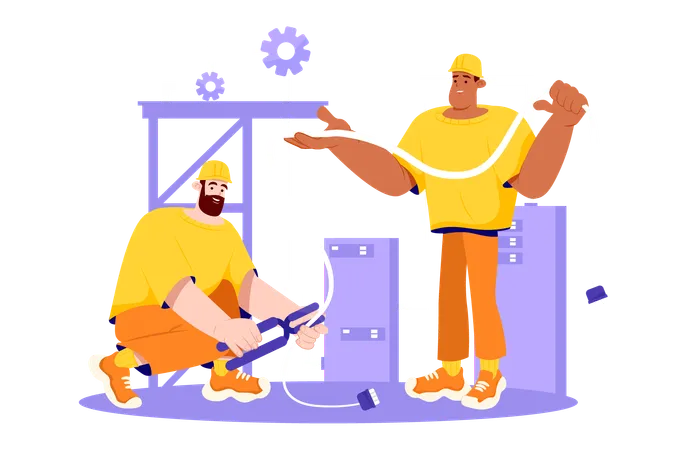 Engineer Communication Violet Concept With People Scene In The Flat Cartoon Style A Team Of Engineers Are Trying To Fix Problems At The Construction Site Vector Illustration Illustration